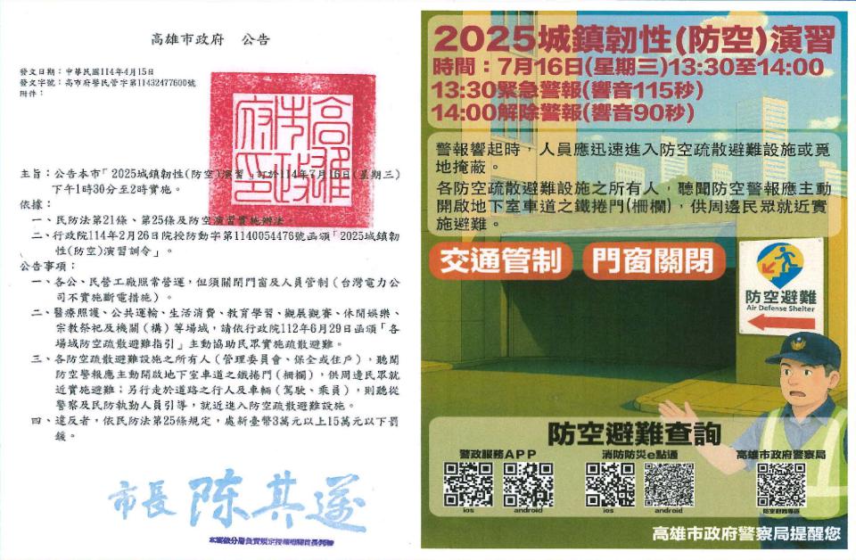 2025高市城市韌性演習7月16日下午1點30分至3點避難疏散 未配合可罰15萬元