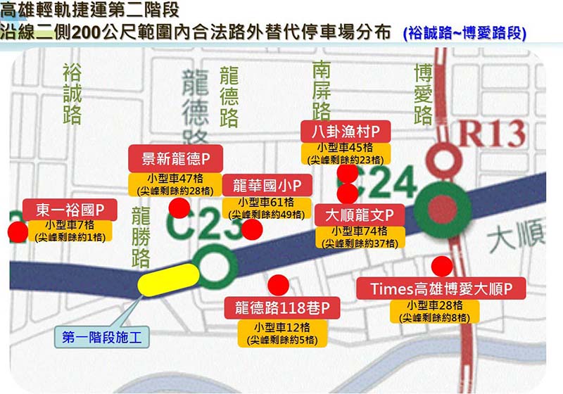 高雄輕軌龍勝路至龍德路工地及周邊車流略增 建議善用合法路外停車場