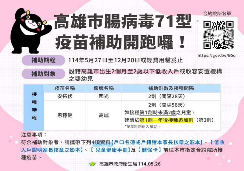 衛生局補助設籍在地特定嬰幼兒 注射腸病毒71型、口服輪狀病毒疫苗