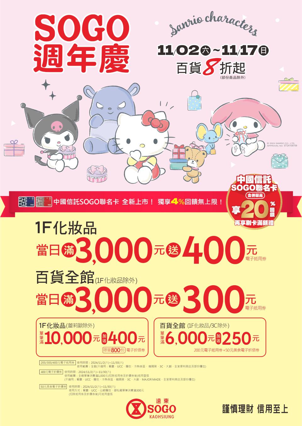 SOGO高雄店週年慶熱鬧開跑! 獨家三麗鷗明星天天來店禮 買氣強強滾