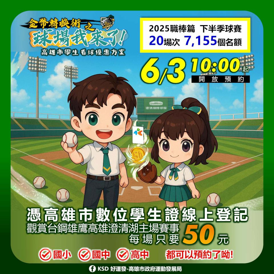 運發局續攜手中華職棒台鋼雄鷹隊 國中小高中生憑證上網預約看球銅板價50元