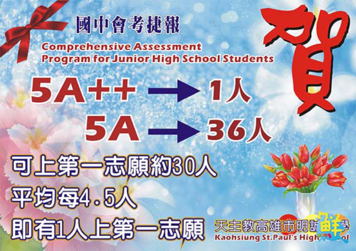 明誠中學國中教育會考大放異彩 5A比例居高雄之冠