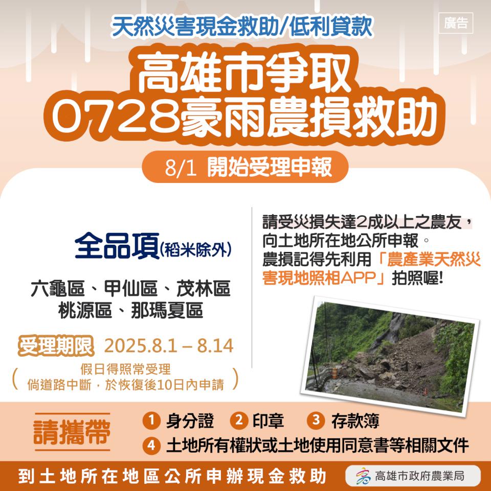 0728豪雨致高市桃源等5區農損金額達4350萬元 稻米外全品項、竹筍納現金救助